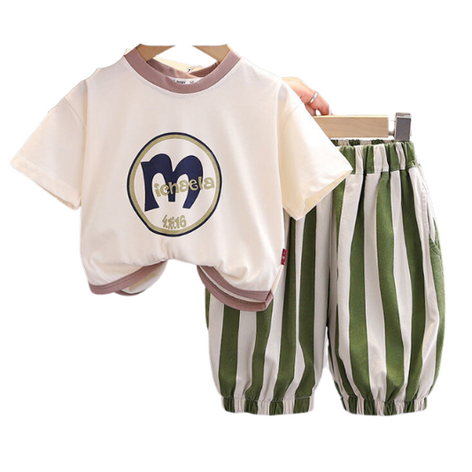 2 Pieces Set Baby Kid Boys Letters Print T-Shirts And Striped Shorts