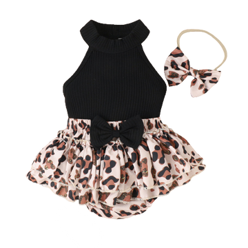 3 Pieces Set Baby Girls Solid Color Tops Leopard Shorts And Bow Headwear