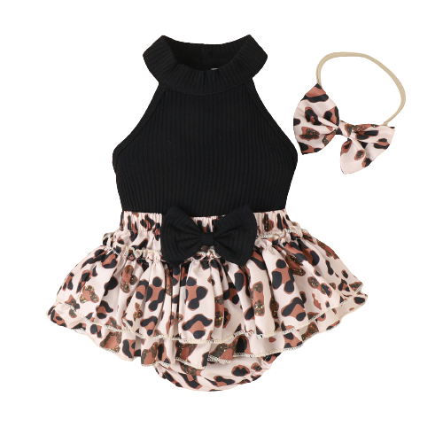 3 Pieces Set Baby Girls Solid Color Tops Leopard Shorts And Bow Headwear