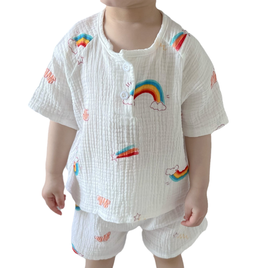 Fashion 2 Pieces Set Baby Kid Unisex Dinosaur Rainbow Cartoon Tops And Shorts