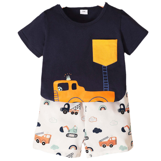 2 Pieces Set Baby Kid Boys Car Print T-Shirts And Shorts