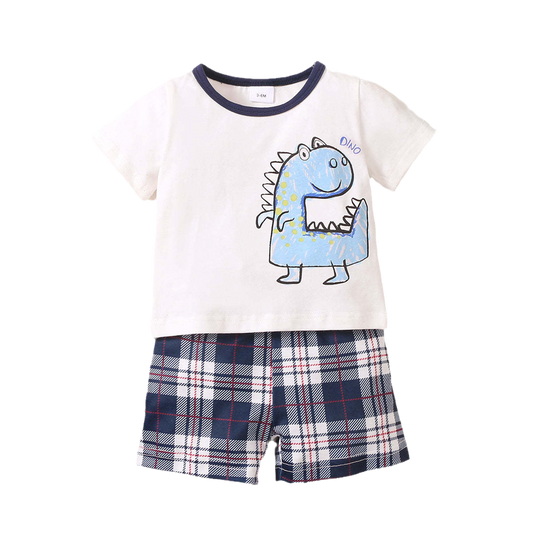 2 Pieces Set Baby Kid Boys Dinosaur Print T-Shirts And Checked Shorts