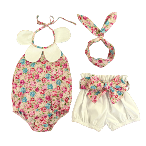 3 Pieces Set Baby Girls Flower Print Rompers Ribbon Shorts And Headwear