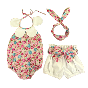 3 Pieces Set Baby Girls Flower Print Rompers Ribbon Shorts And Headwear