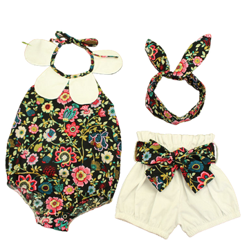 3 Pieces Set Baby Girls Flower Print Rompers And Shorts And Headwear