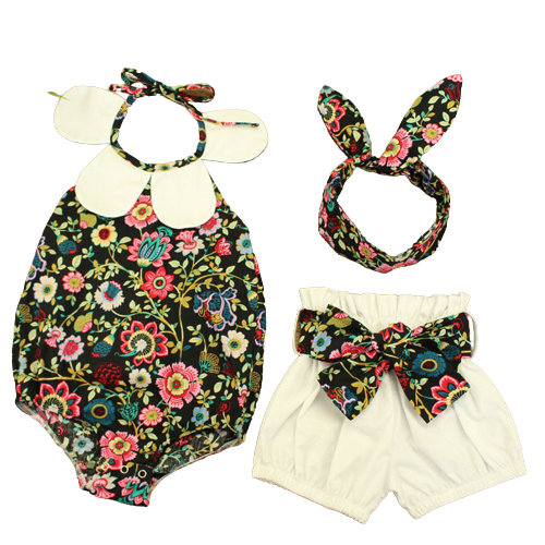 3 Pieces Set Baby Girls Flower Print Rompers And Shorts And Headwear