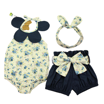 3 Pieces Set Baby Girls Flower Rompers Bow Shorts And Headwear