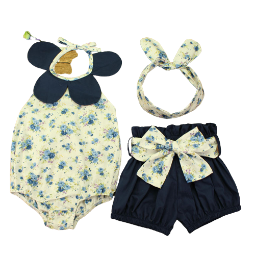 3 Pieces Set Baby Girls Flower Rompers Bow Shorts And Headwear