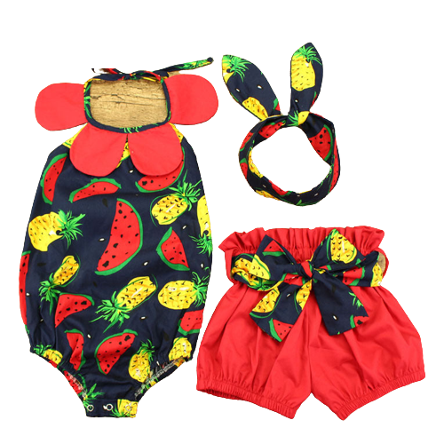 3 Pieces Set Baby Girls Fruit Print Rompers Ribbon Shorts And Headwear