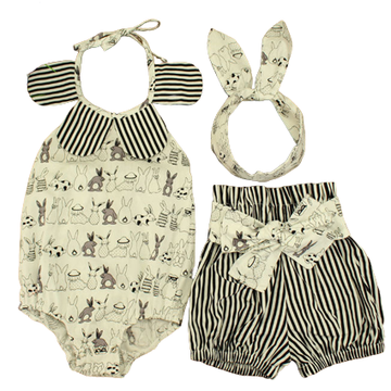 3 Pieces Set Baby Girls Animals Cartoon Print Rompers Striped Ribbon Shorts And Headwear