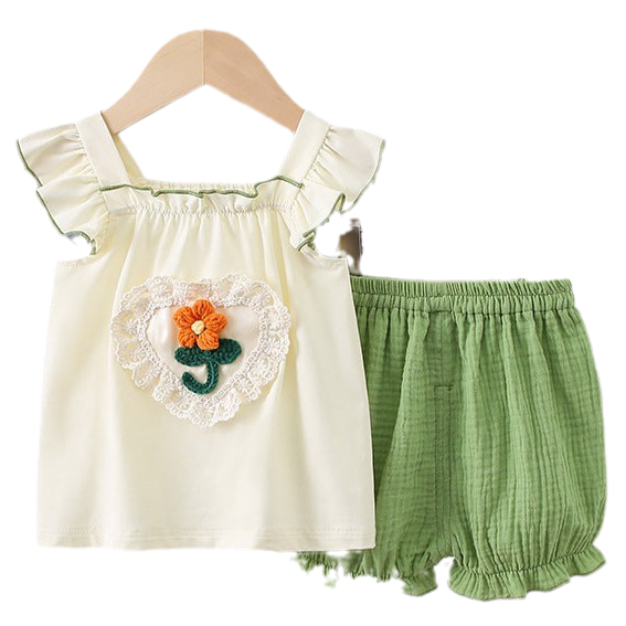 2 Pieces Set Baby Kid Girls Flower Tank Tops And Solid Color Shorts