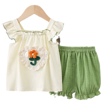 2 Pieces Set Baby Kid Girls Flower Tank Tops And Solid Color Shorts