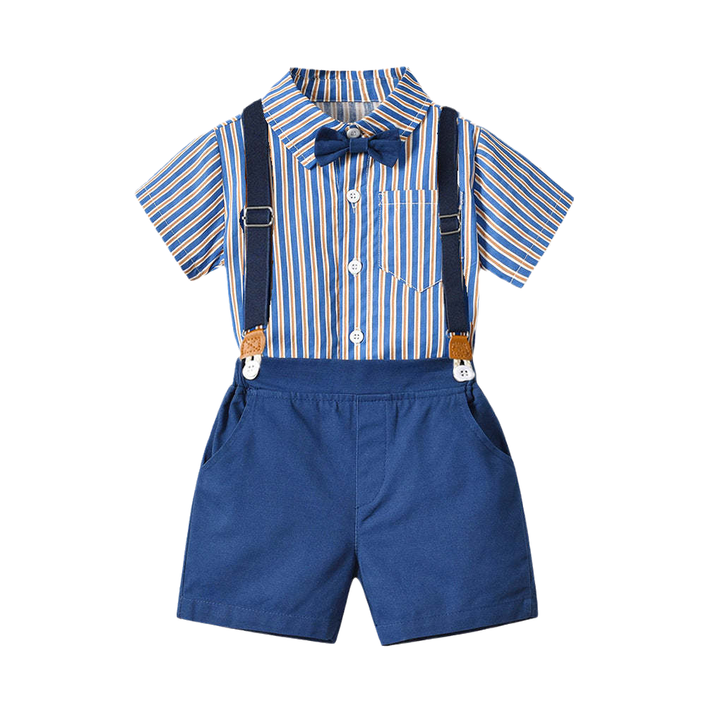 2 Pieces Set Baby Kid Boys Birthday Party Striped Bow Shirts And Solid Color Rompers