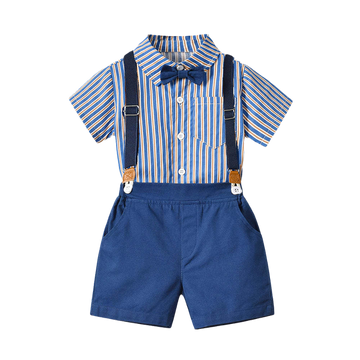 2 Pieces Set Baby Kid Boys Birthday Party Striped Bow Shirts And Solid Color Rompers