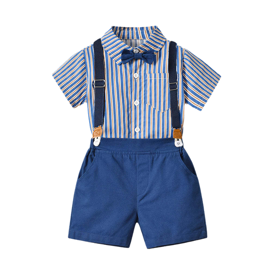 2 Pieces Set Baby Kid Boys Birthday Party Striped Bow Shirts And Solid Color Rompers