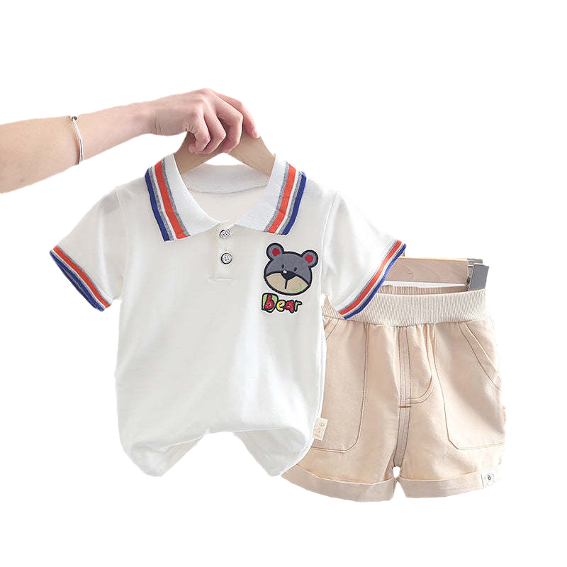 2 Pieces Set Baby Kid Girls Cartoon Print Polo Shirts And Solid Color Shorts