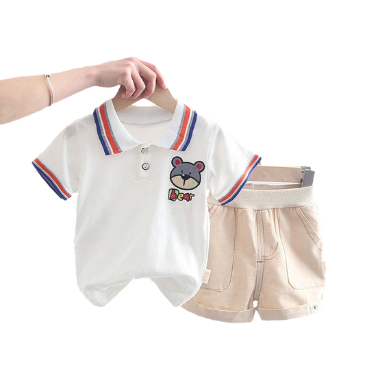 2 Pieces Set Baby Kid Girls Cartoon Print Polo Shirts And Solid Color Shorts