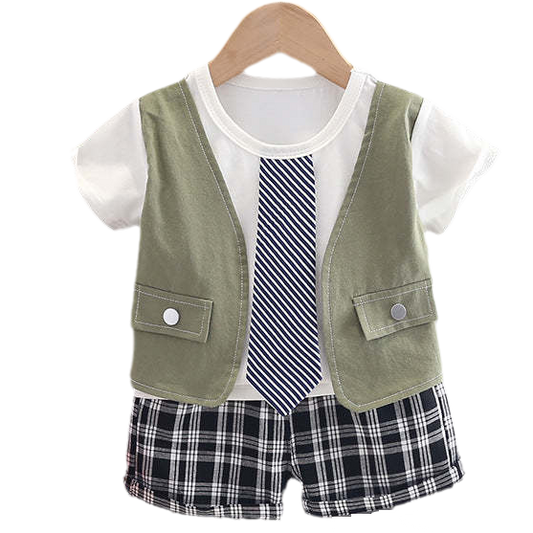 2 Pieces Set Baby Kid Boys Color-blocking Tops And Checked Shorts