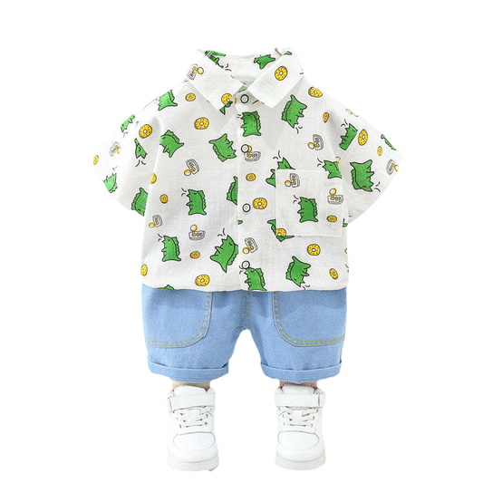 2 Pieces Set Baby Kid Boys Dinosaur Shirts And Solid Color Shorts