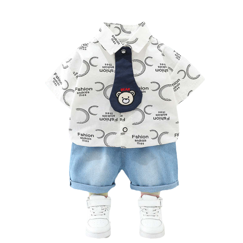 2 Pieces Set Baby Kid Boys Letters Cartoon Print Shirts And Solid Color Shorts