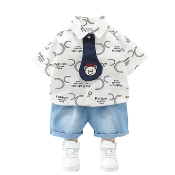 2 Pieces Set Baby Kid Boys Letters Cartoon Print Shirts And Solid Color Shorts