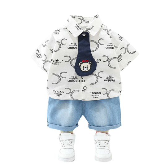 2 Pieces Set Baby Kid Boys Letters Cartoon Print Shirts And Solid Color Shorts