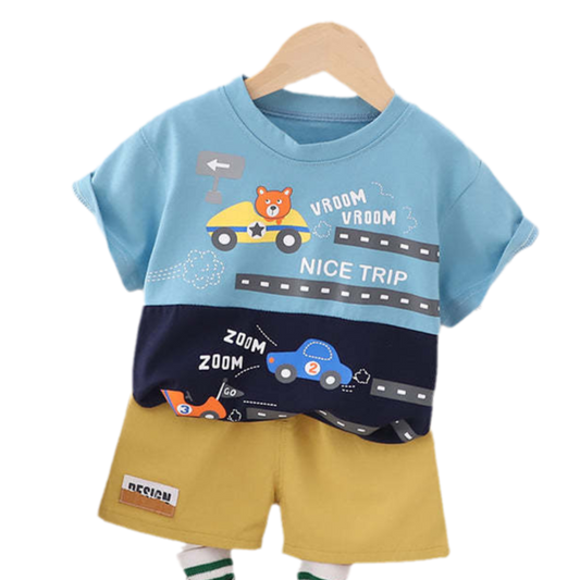 2 Pieces Set Baby Kid Boys Letters Car Cartoon Print T-Shirts And Shorts