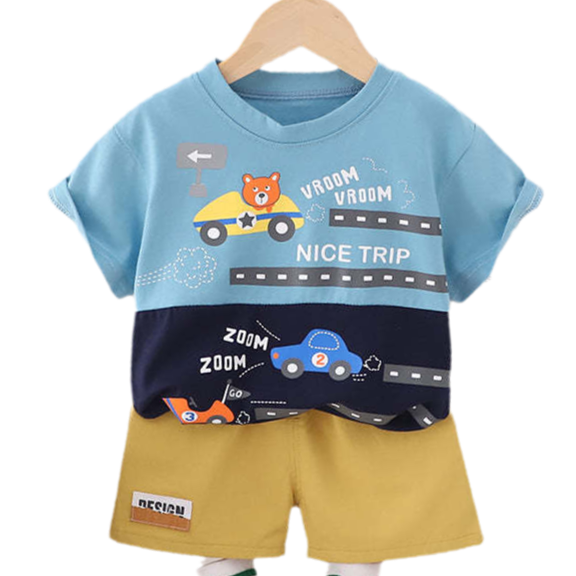 2 Pieces Set Baby Kid Boys Letters Car Cartoon Print T-Shirts And Shorts