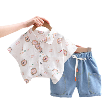 2 Pieces Set Baby Kid Boys Cartoon Print Shirts And Solid Color Shorts