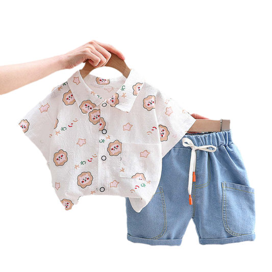 2 Pieces Set Baby Kid Boys Cartoon Print Shirts And Solid Color Shorts