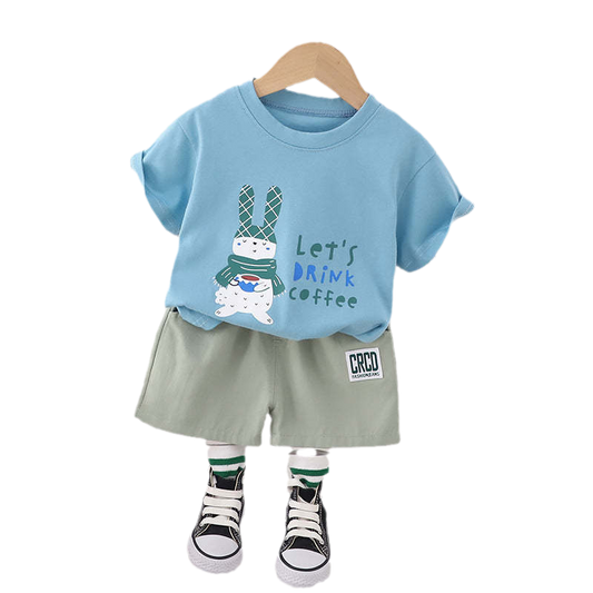 2 Pieces Set Baby Kid Boys Letters Rabbit Cartoon Print T-Shirts And Solid Color Shorts