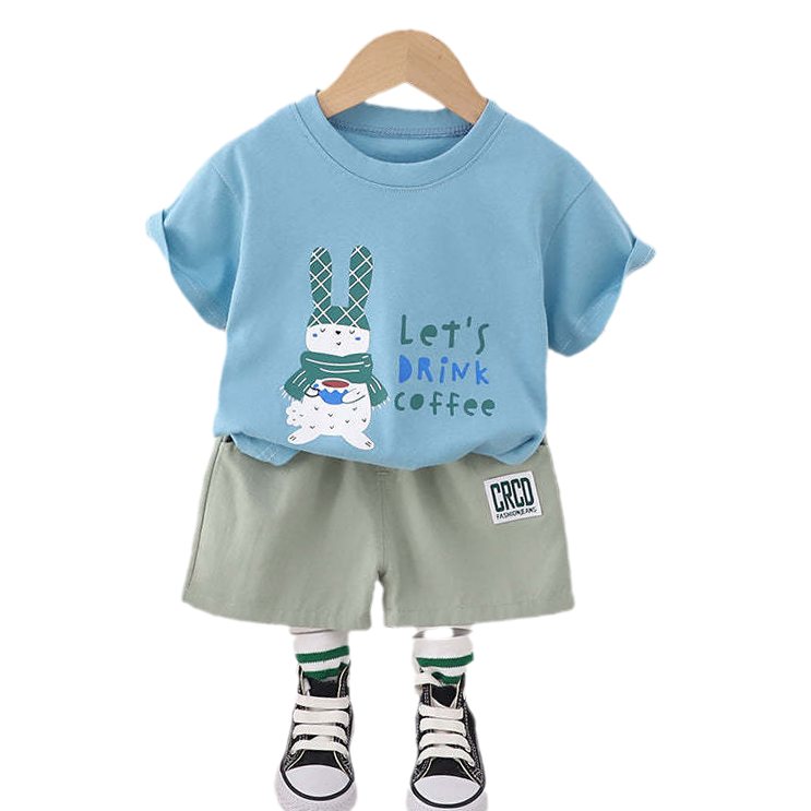 2 Pieces Set Baby Kid Boys Letters Rabbit Cartoon Print T-Shirts And Solid Color Shorts