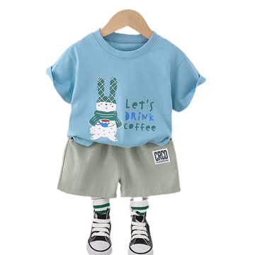 2 Pieces Set Baby Kid Boys Letters Rabbit Cartoon Print T-Shirts And Solid Color Shorts