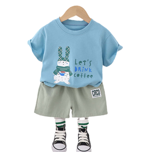 2 Pieces Set Baby Kid Boys Letters Rabbit Cartoon Print T-Shirts And Solid Color Shorts