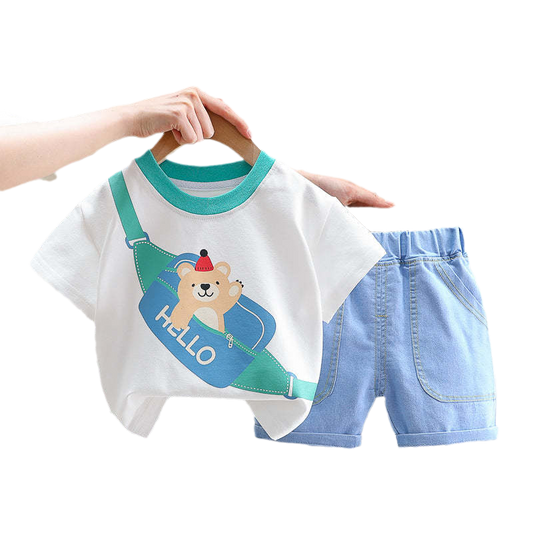 2 Pieces Set Baby Kid Boys Print T-Shirts And Solid Color Shorts