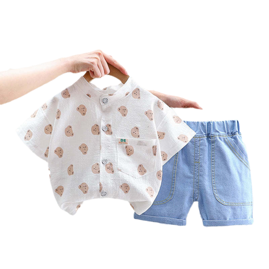 2 Pieces Set Baby Kid Boys Cartoon Print Tops And Solid Color Shorts