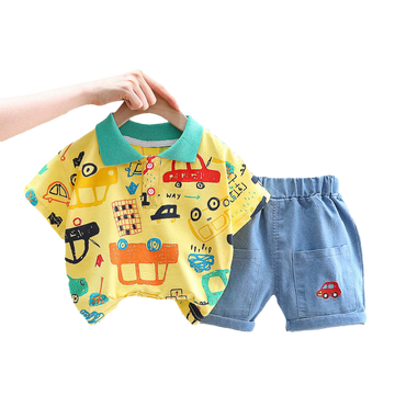 2 Pieces Set Baby Kid Boys Car Print Polo Shirts And Embroidered Shorts