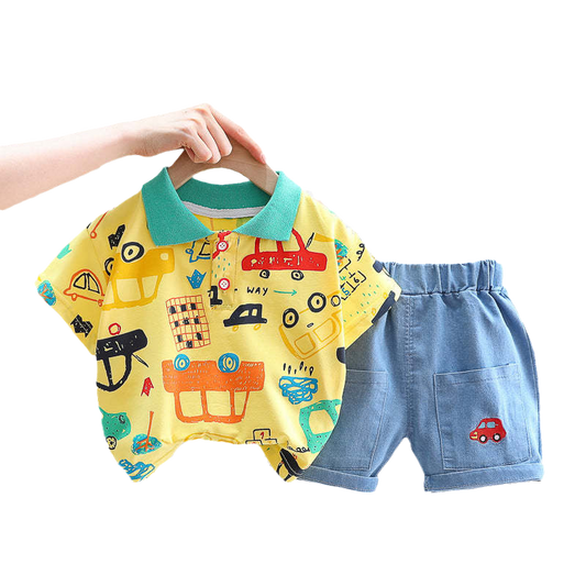 2 Pieces Set Baby Kid Boys Car Print Polo Shirts And Embroidered Shorts