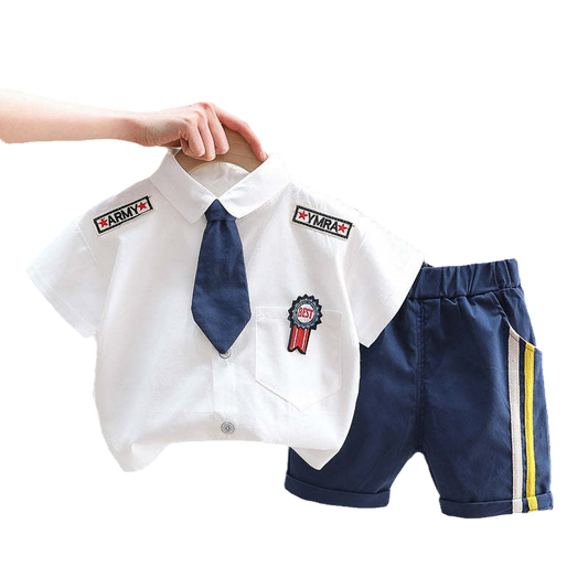 2 Pieces Set Baby Kid Boys Embroidered Shirts And Solid Color Shorts