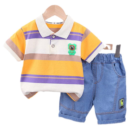 2 Pieces Set Baby Kid Boys Striped Cartoon Polo Shirts And Jeans