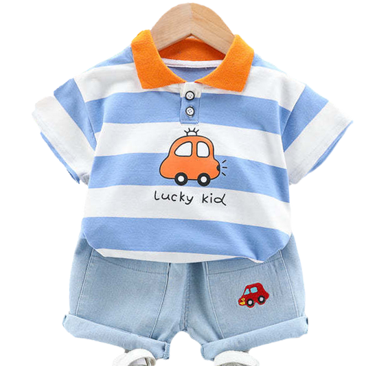 2 Pieces Set Baby Kid Boys Striped Car Print T-Shirts And Embroidered Shorts