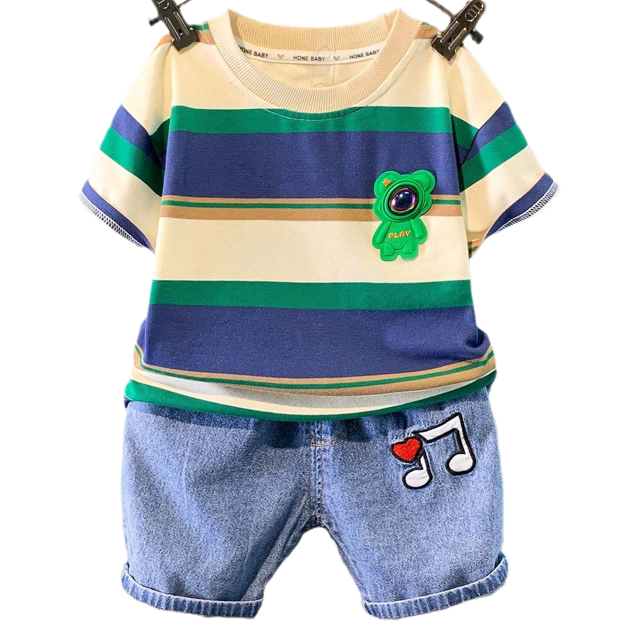 2 Pieces Set Baby Kid Boys Striped Letters Cartoon T-Shirts And Embroidered Shorts