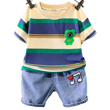 2 Pieces Set Baby Kid Boys Striped Letters Cartoon T-Shirts And Embroidered Shorts