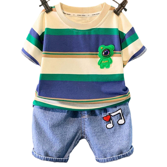 2 Pieces Set Baby Kid Boys Striped Letters Cartoon T-Shirts And Embroidered Shorts