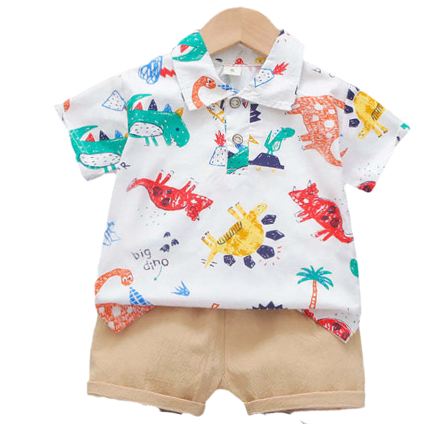 2 Pieces Set Baby Kid Boys Dinosaur Print Polo Shirts And Solid Color Shorts