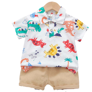 2 Pieces Set Baby Kid Boys Dinosaur Print Polo Shirts And Solid Color Shorts