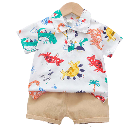 2 Pieces Set Baby Kid Boys Dinosaur Print Polo Shirts And Solid Color Shorts