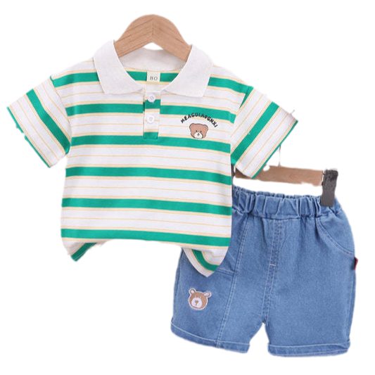 2 Pieces Set Baby Kid Boys Striped Polo Shirts And Cartoon Shorts