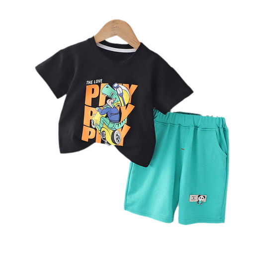 2 Pieces Set Baby Kid Boys Dinosaur Print T-Shirts And Solid Color Shorts