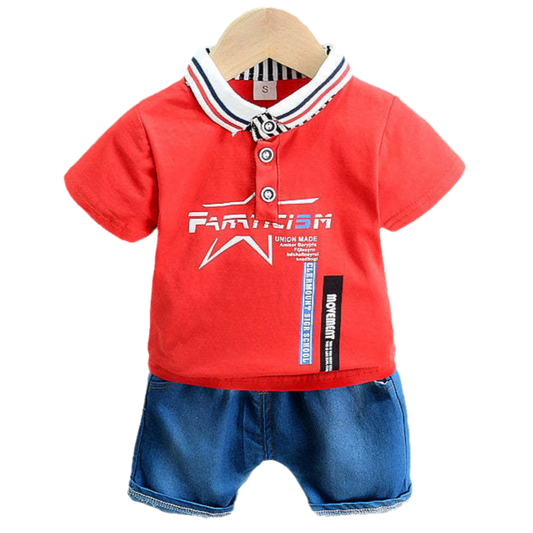 2 Pieces Set Baby Kid Girls Letters Cartoon Print Polo Shirts And Solid Color Shorts